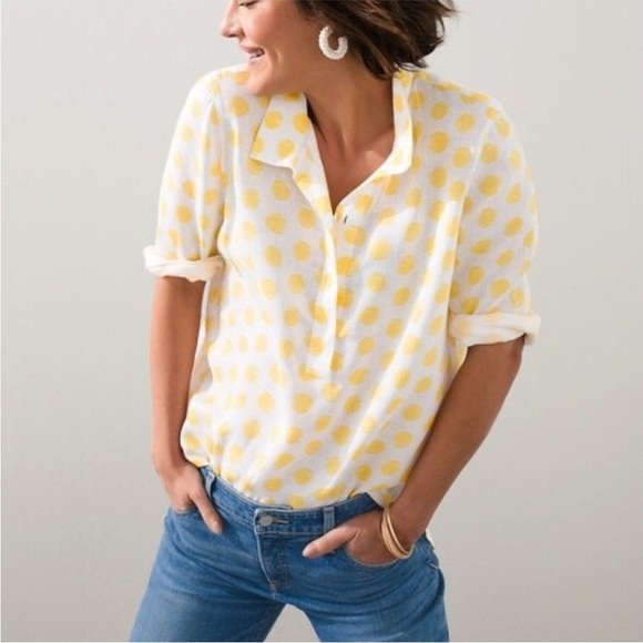 Chicos No-Iron 100% Linen Button Back Yellow and White Polka Dot Blouse. Size 16 - Picture 1 of 14